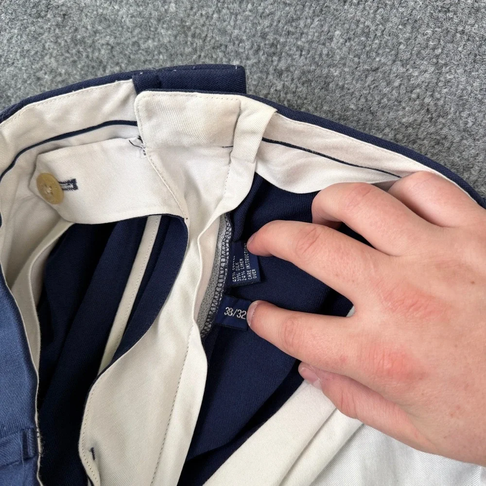 VTG Polo Golf Ralph Lauren Pants Mens 38x32 Blue Pleated Chino Cotton Silk Linen